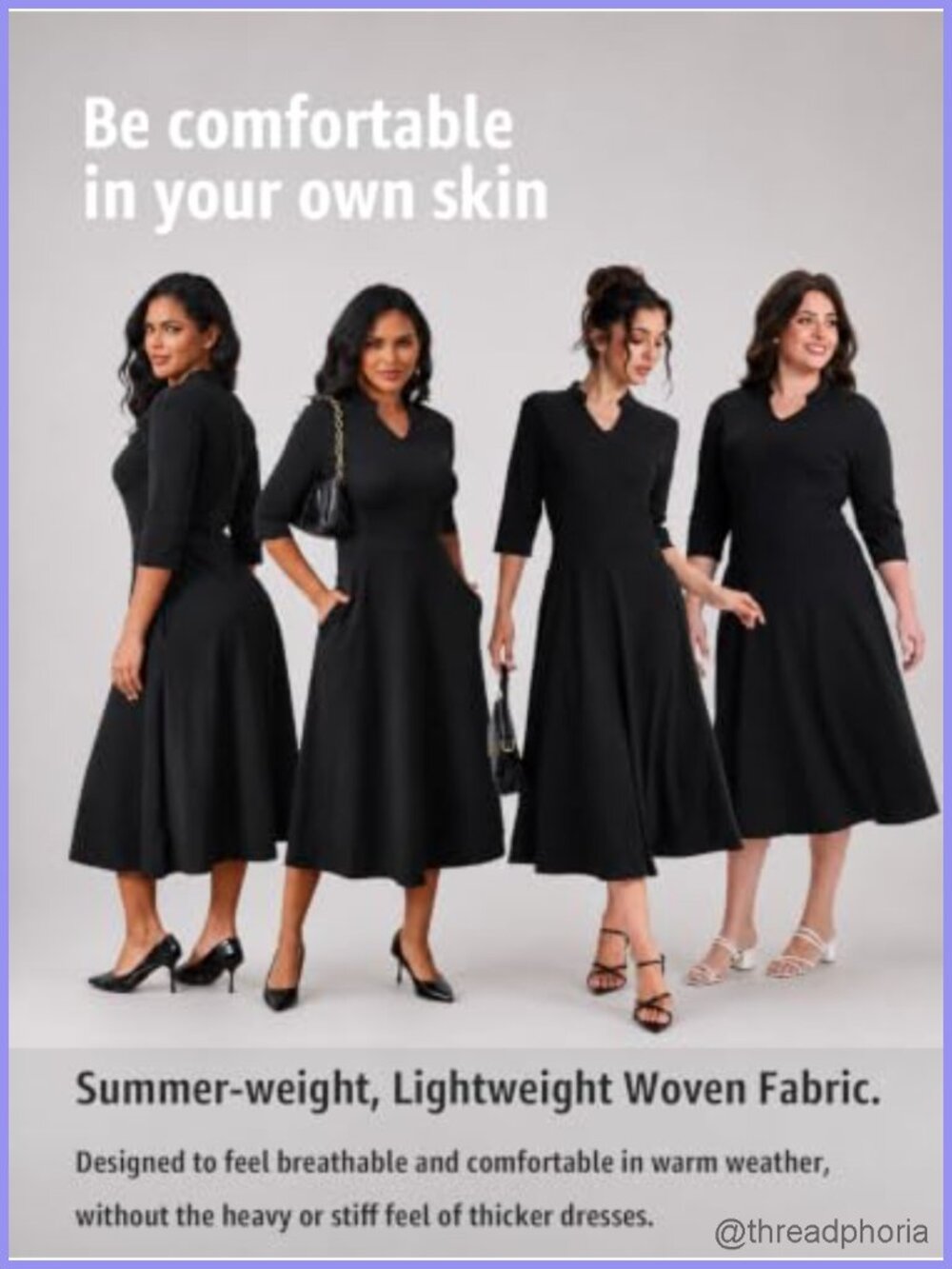 3/4 Sleeve V-Neck Midi Dress A-Line Fit Flare Tea Length Modest Pockets - Picture 5 of 6